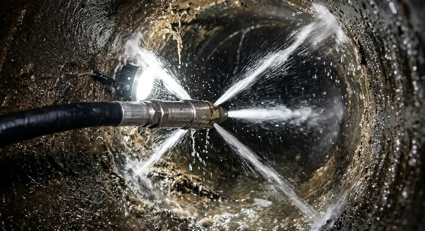 High-pressure hydro jetting nozzle cleaning sewer pipe for Emergency Drain Service in McComb