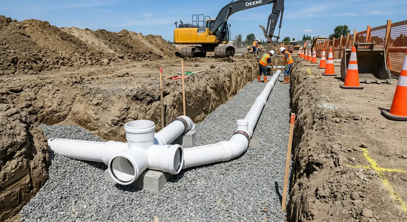 New PVC sewer pipe installation in open trench for Sewer Backup in McComb