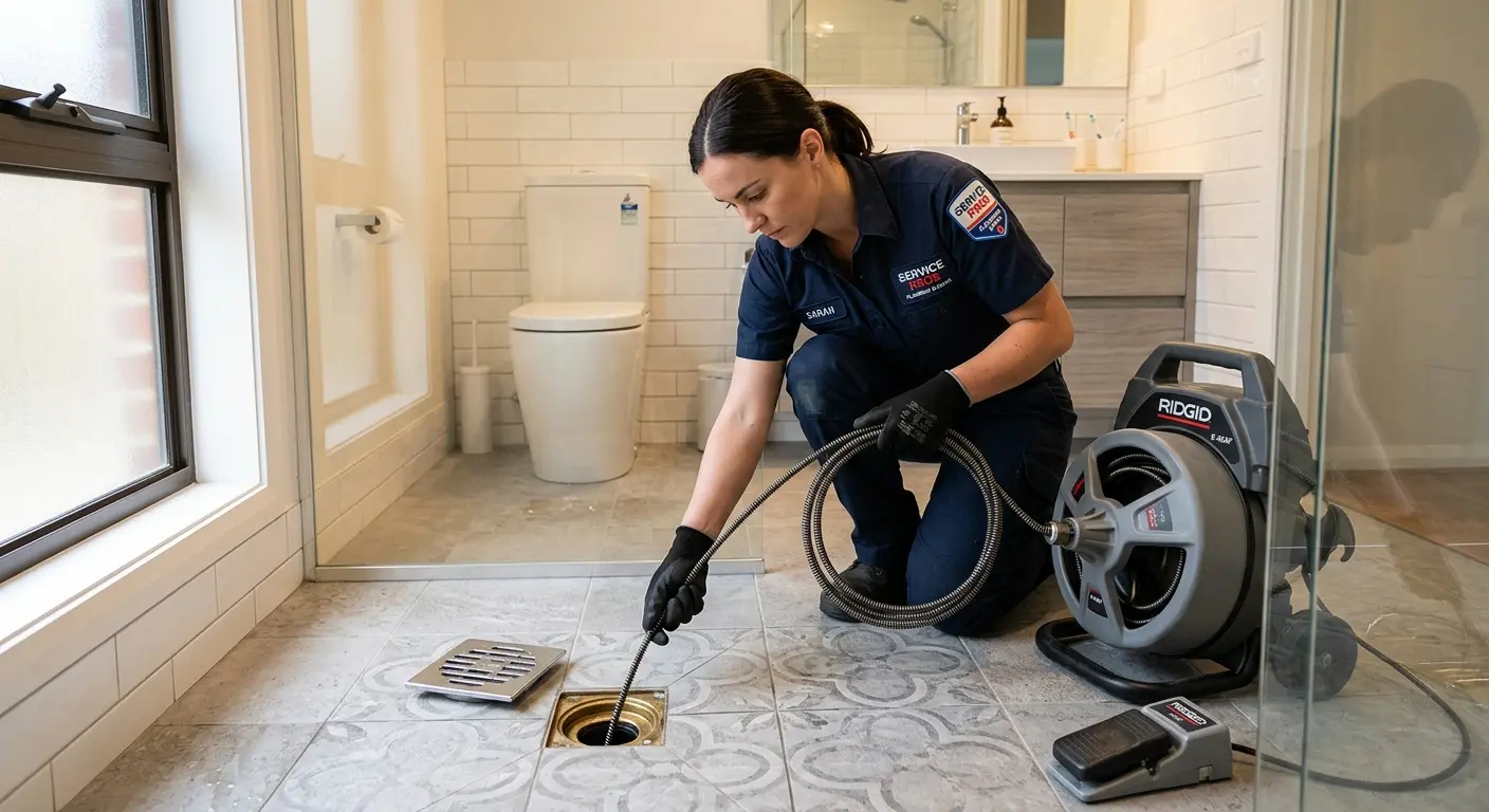 Technician clearing a bathroom floor drain for Sewer Line Replacement in McComb